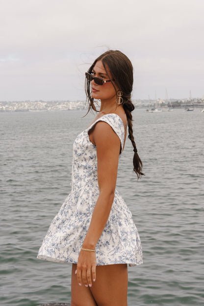 Tilly Sleeveless Elegant Petal Floral Print Mini Dress Blue