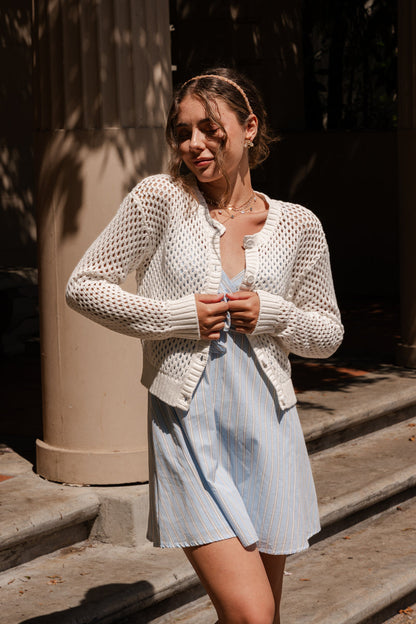 Laverne Long Sleeve Button Down Crochet Cardigan Ivory