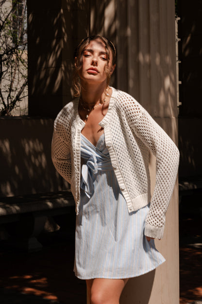 Laverne Long Sleeve Button Down Crochet Cardigan Ivory
