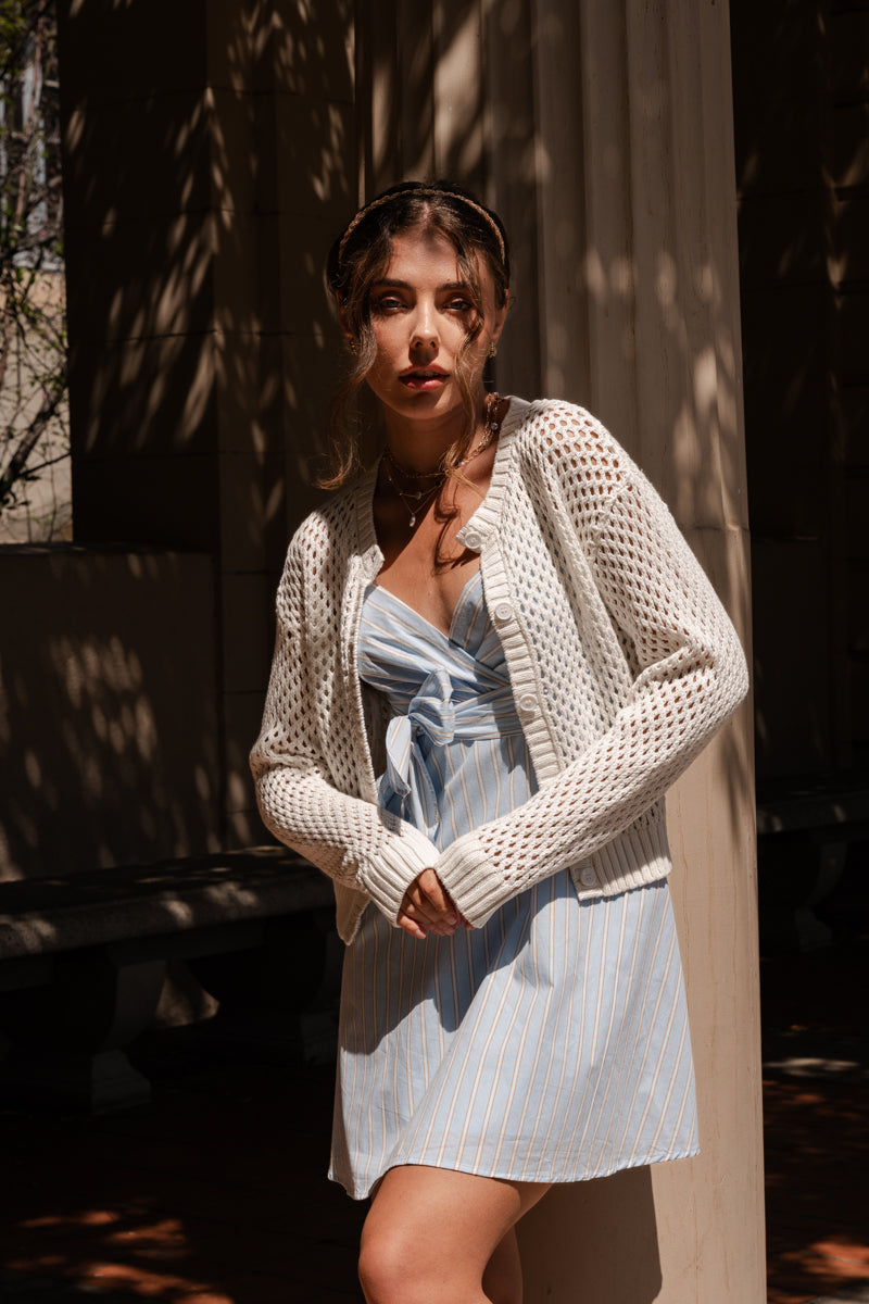 Laverne Long Sleeve Button Down Crochet Cardigan Ivory