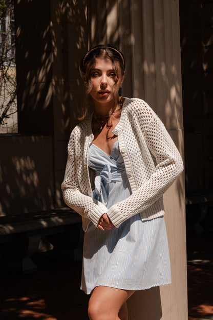 Laverne Long Sleeve Button Down Crochet Cardigan Ivory