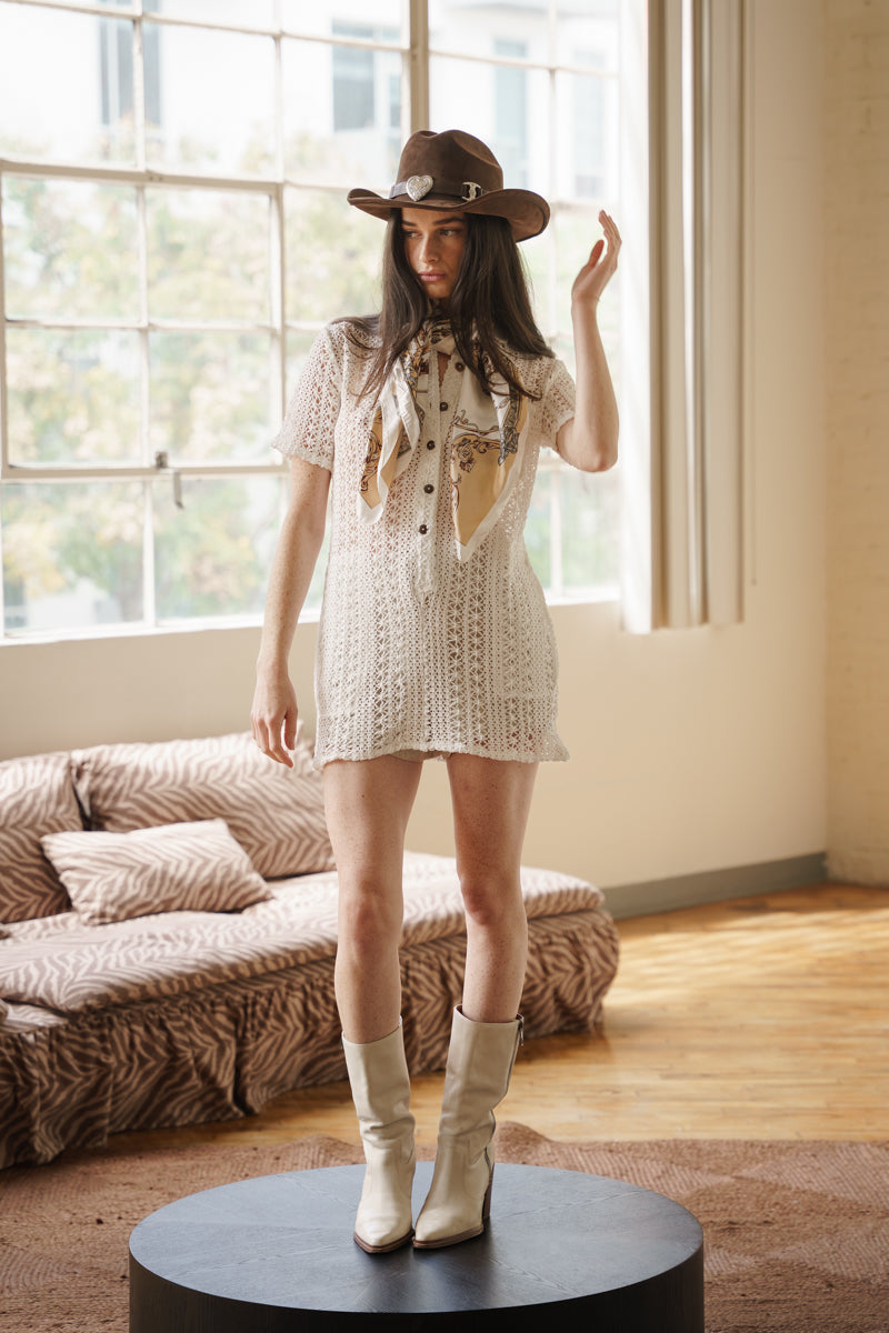 Pilar Sleeveless Button Down Crochet Cover Up Mini Dress White