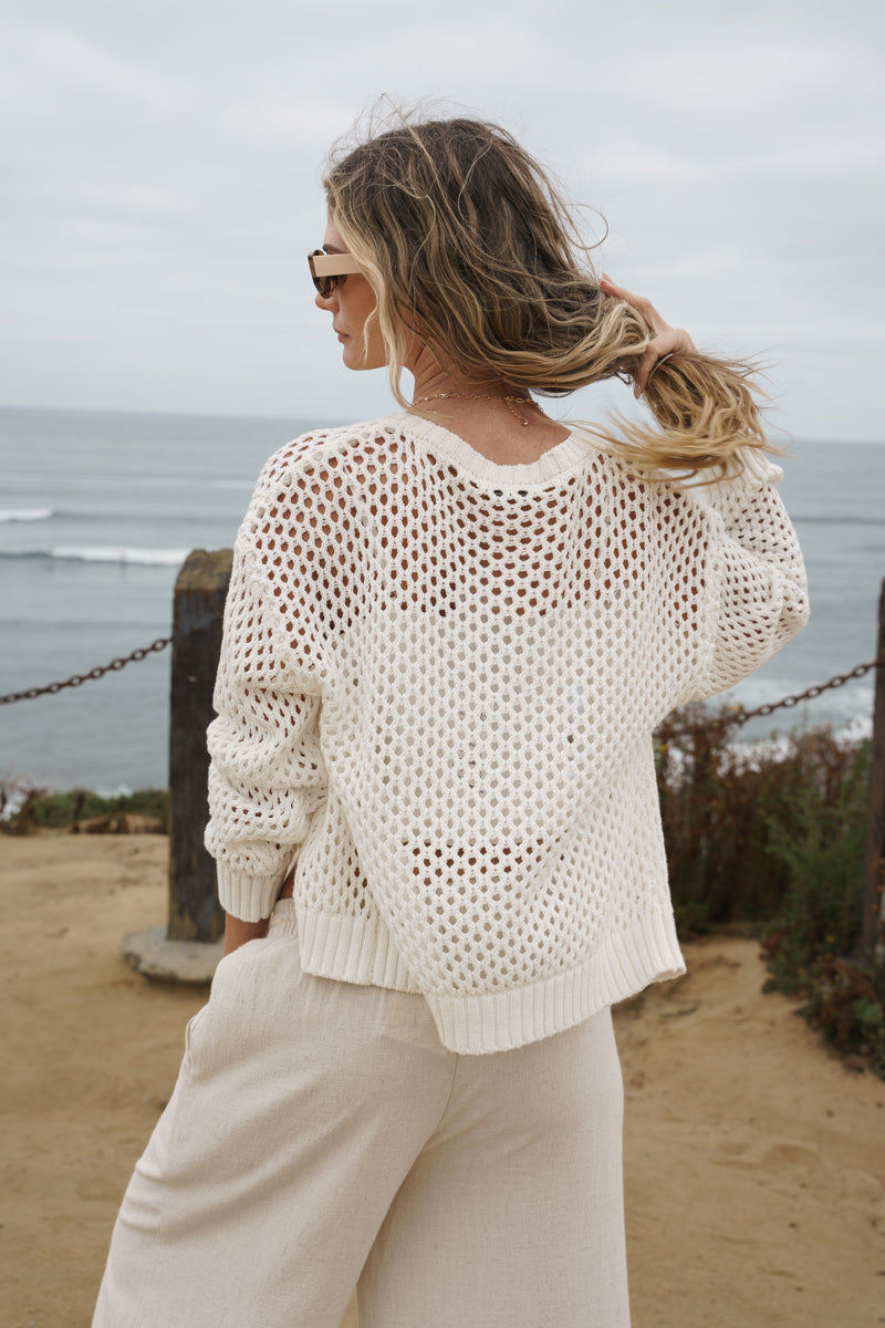 Laverne Long Sleeve Button Down Crochet Cardigan Ivory