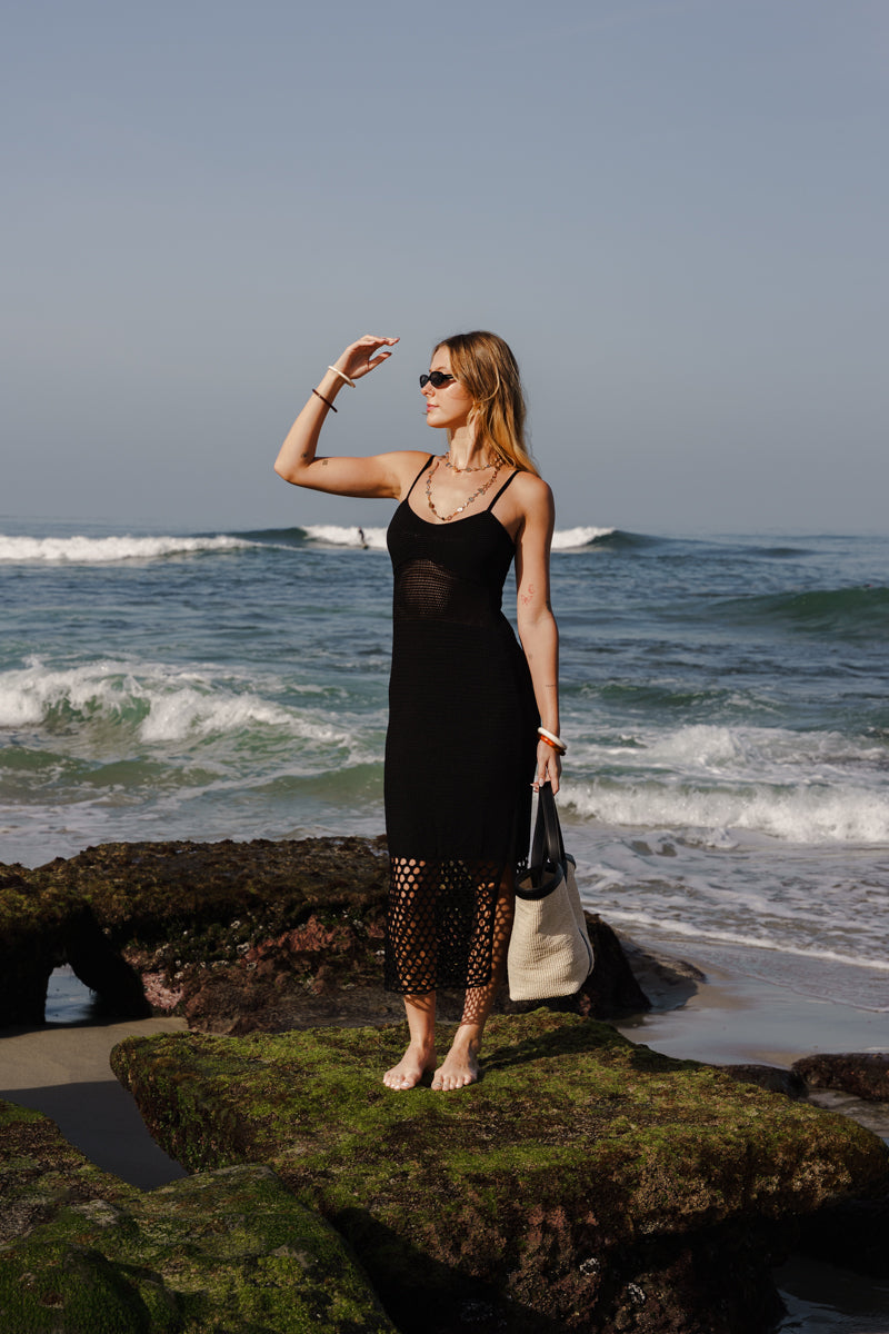Brittany Sleeveless Crochet Knit Maxi Dress Black