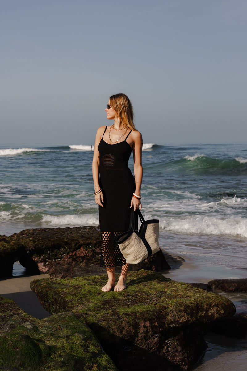 Brittany Sleeveless Crochet Knit Maxi Dress Black