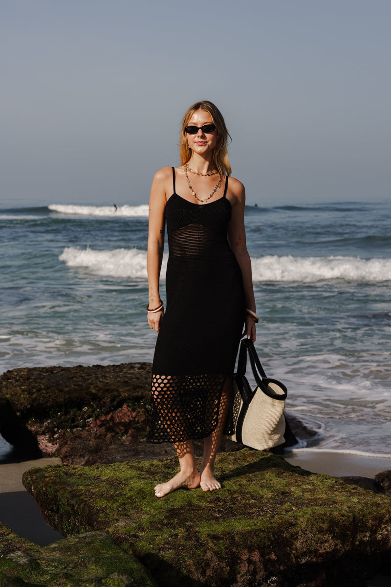 Brittany Sleeveless Crochet Knit Maxi Dress Black
