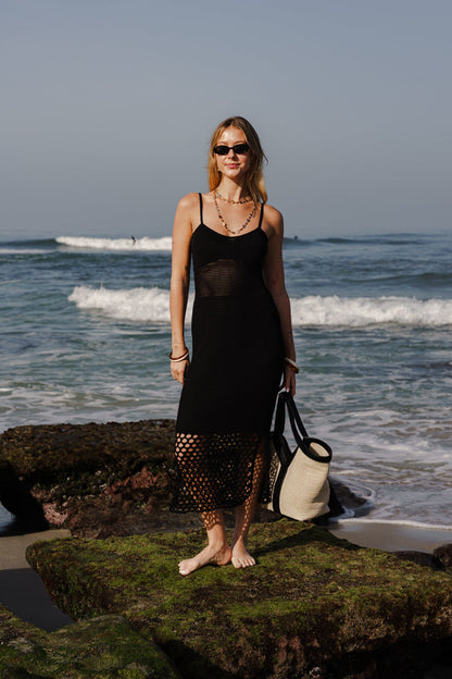 Brittany Sleeveless Crochet Knit Maxi Dress Black