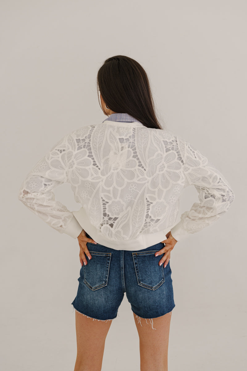 Tida Long Sleeve Floral Lace Bomber Jacket White