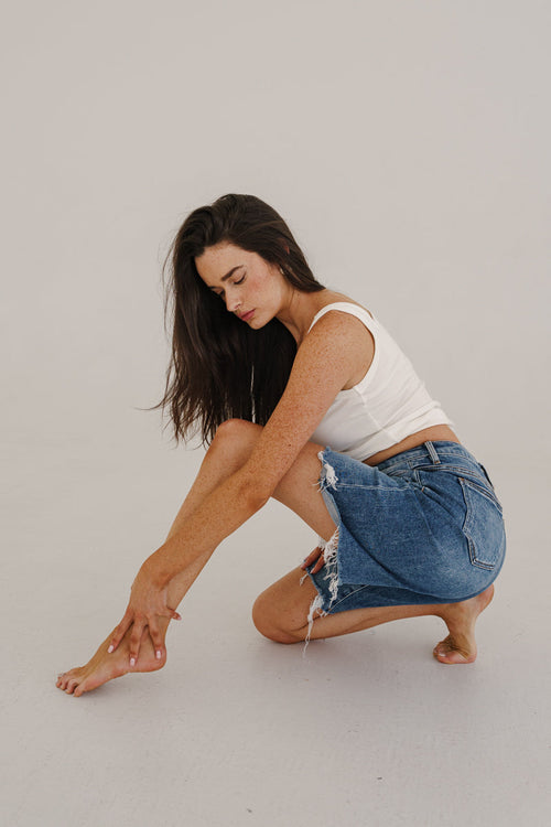 Mara High Rise Raw Hem Denim Bermuda Shorts Medium Wash