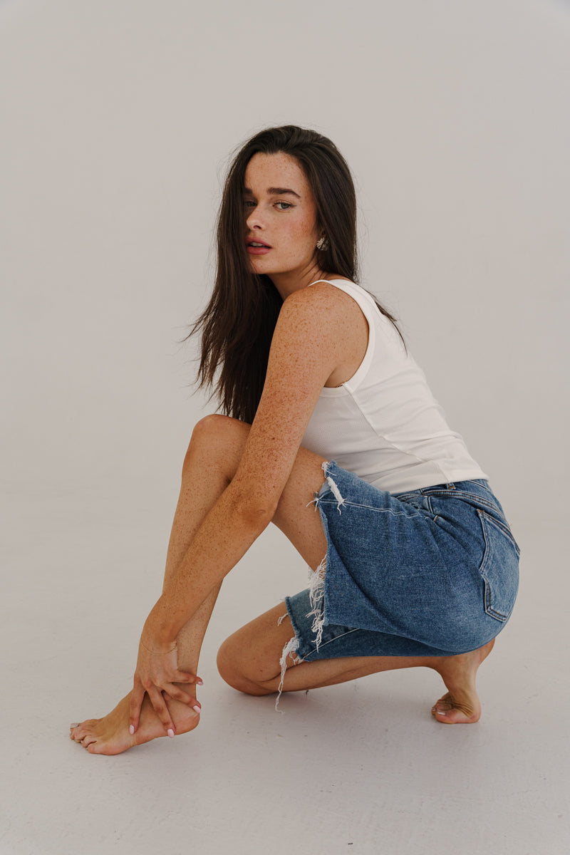 Mara High Rise Raw Hem Denim Bermuda Shorts Medium Wash