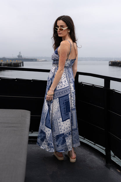 Oriana Sleeveless Patchwork Paisley Print Midi Dress Blue
