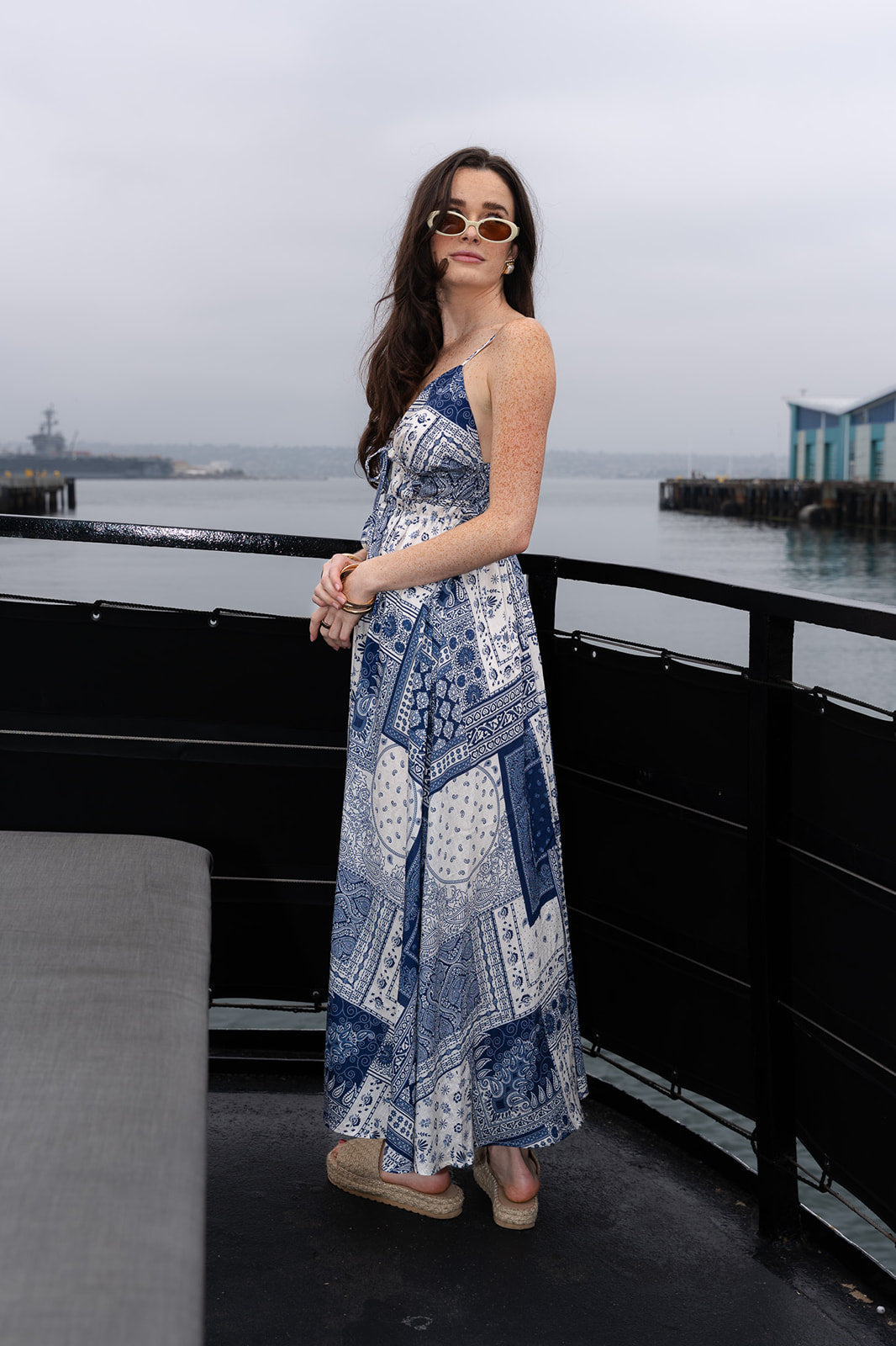 Oriana Sleeveless Patchwork Paisley Print Midi Dress Blue