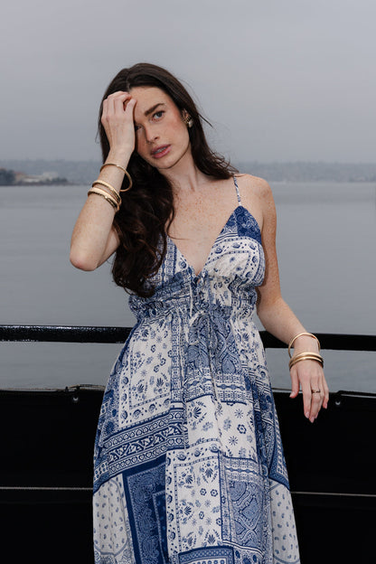 Oriana Sleeveless Patchwork Paisley Print Midi Dress Blue