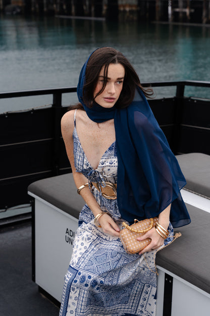 Oriana Sleeveless Patchwork Paisley Print Midi Dress Blue