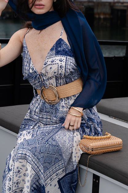 Oriana Sleeveless Patchwork Paisley Print Midi Dress Blue