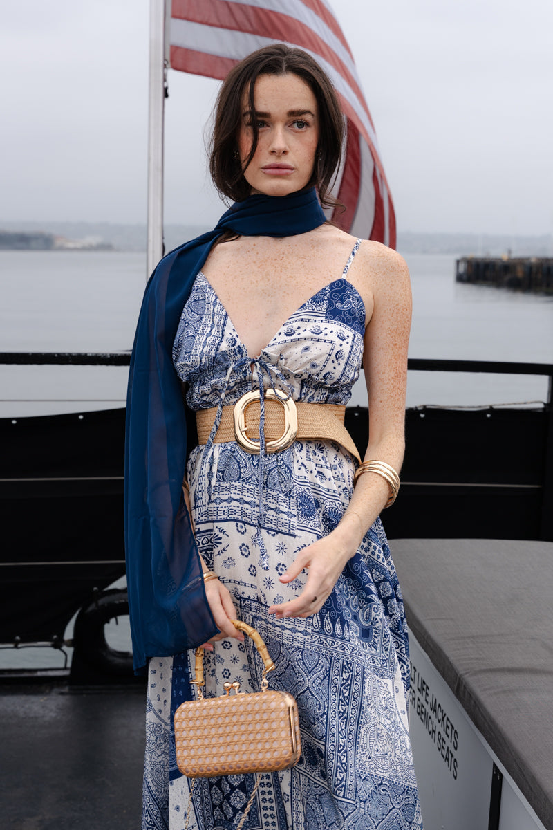 Oriana Sleeveless Patchwork Paisley Print Midi Dress Blue