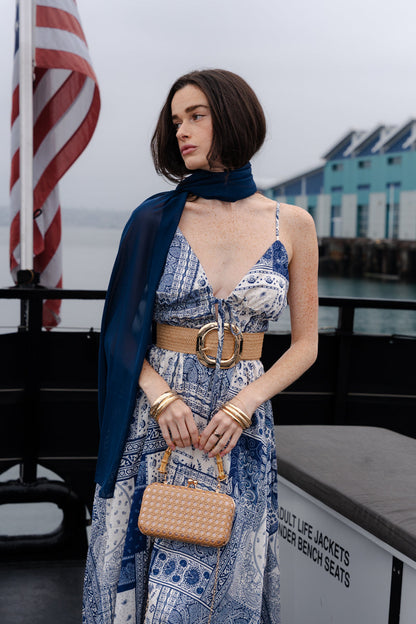 Oriana Sleeveless Patchwork Paisley Print Midi Dress Blue