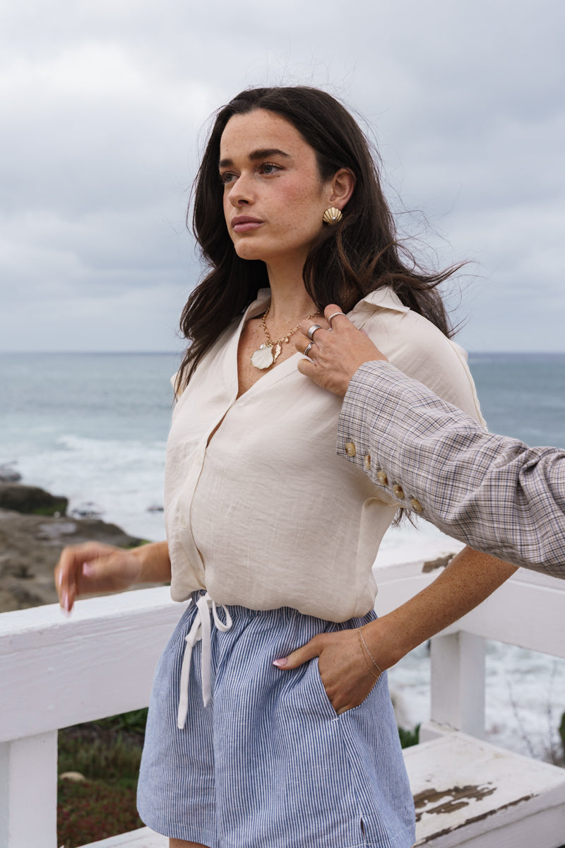 Callie Short Sleeve Button Down Top Beige