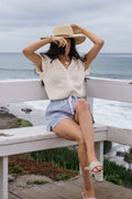 Callie Short Sleeve Button Down Top Beige
