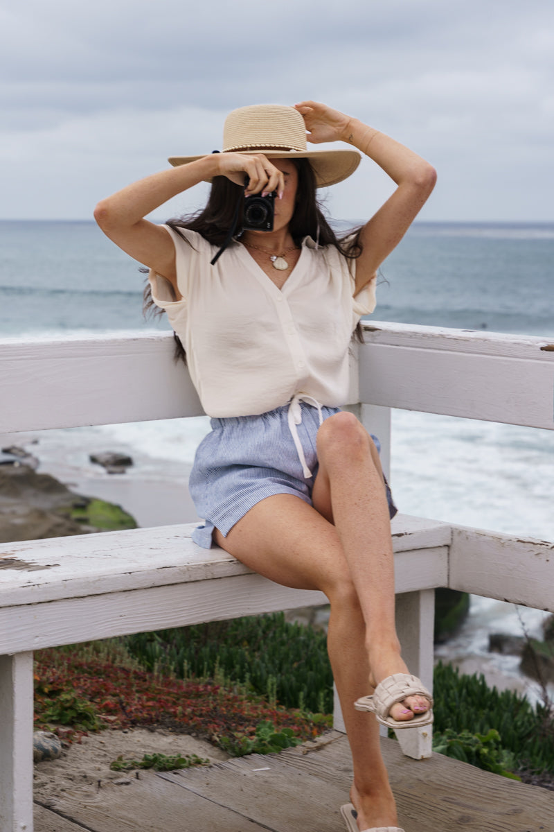 Callie Short Sleeve Button Down Top Beige