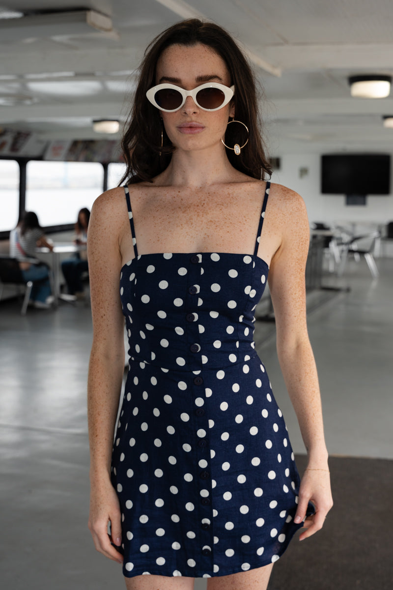 Hensley Sleeveless Button Down Polka Dot Print Linen Mini Dress Navy