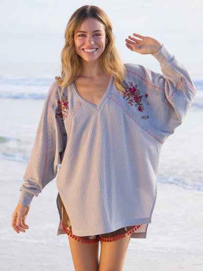 Maisie Oversized Embroidered Thermal Top - Light Grey