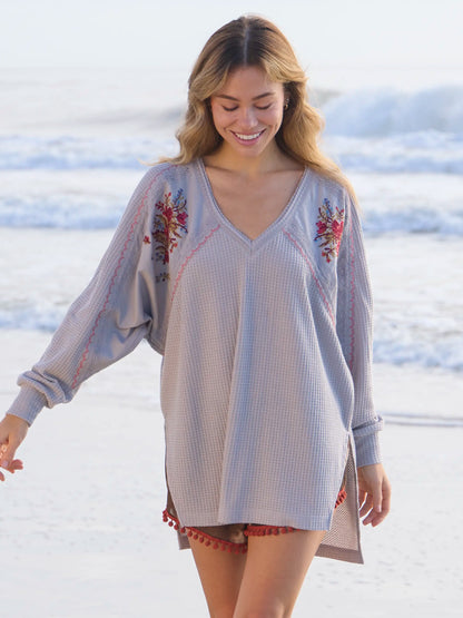 Maisie Oversized Embroidered Thermal Top - Light Grey