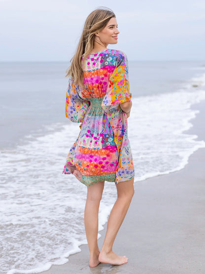 Sanibel Kaftan Mini Dress - Pink Watercolor Patchwork