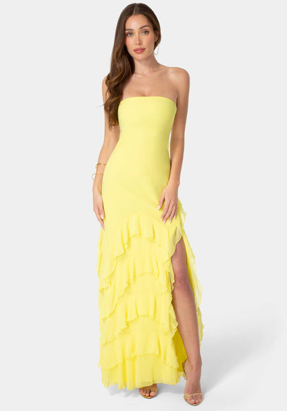 Strapless Cascade Ruffle Chiffon Maxi Dress