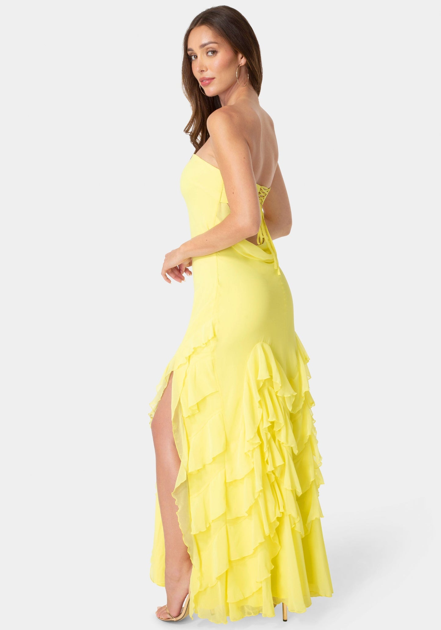 Strapless Cascade Ruffle Chiffon Maxi Dress