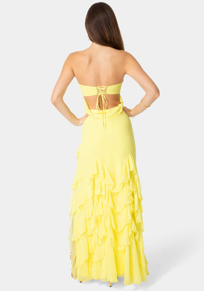 Strapless Cascade Ruffle Chiffon Maxi Dress