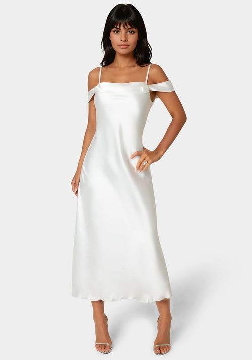 Drape Shoulder High Slit Satin Maxi Dress