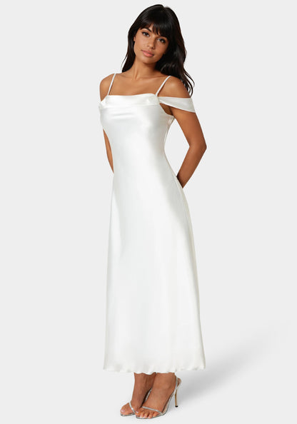 Drape Shoulder High Slit Satin Maxi Dress