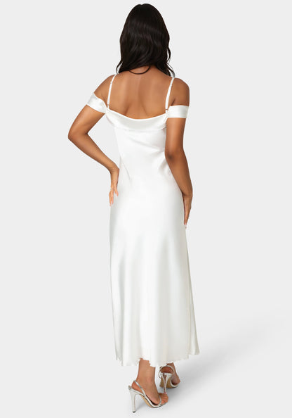 Drape Shoulder High Slit Satin Maxi Dress
