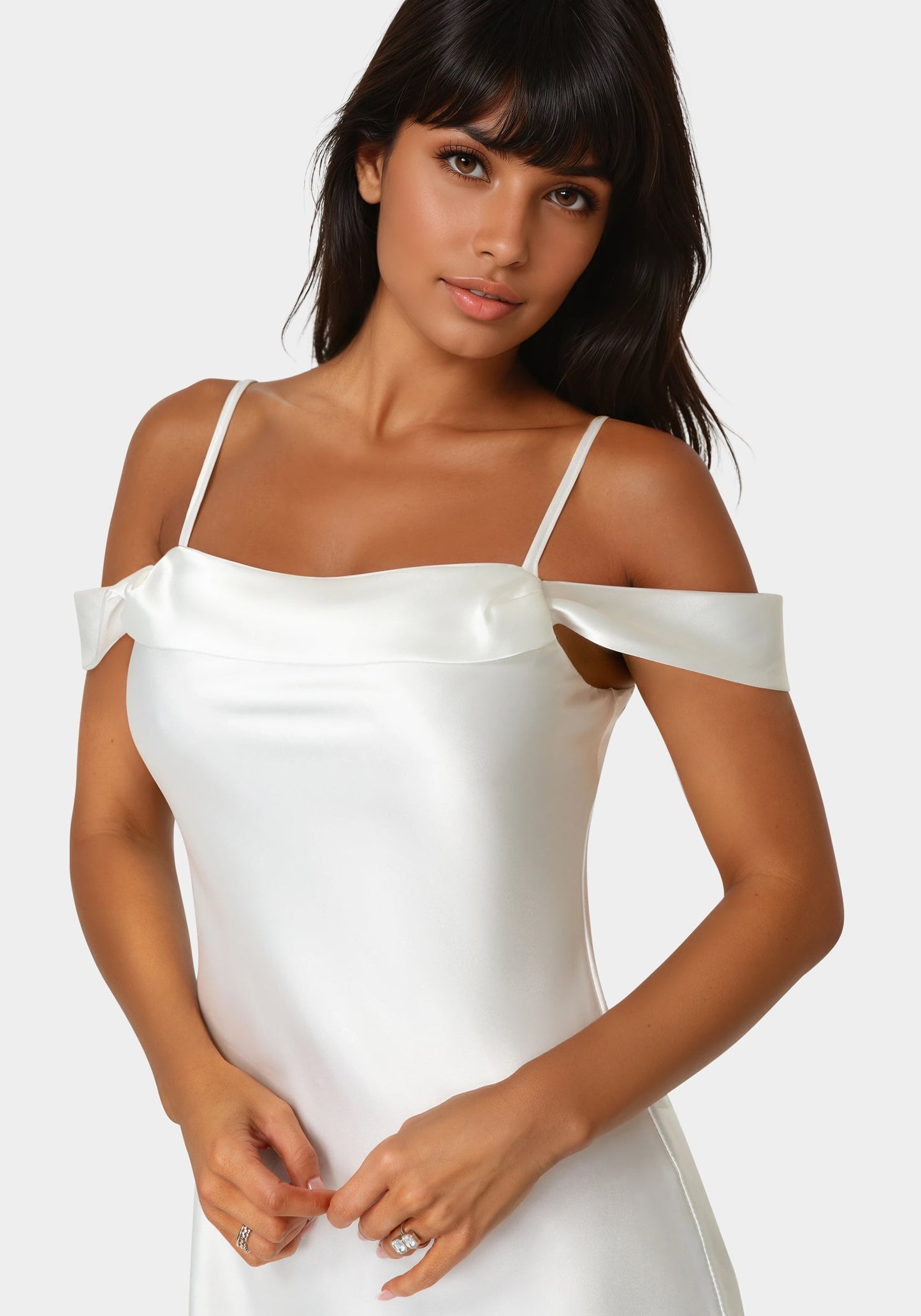 Drape Shoulder High Slit Satin Maxi Dress