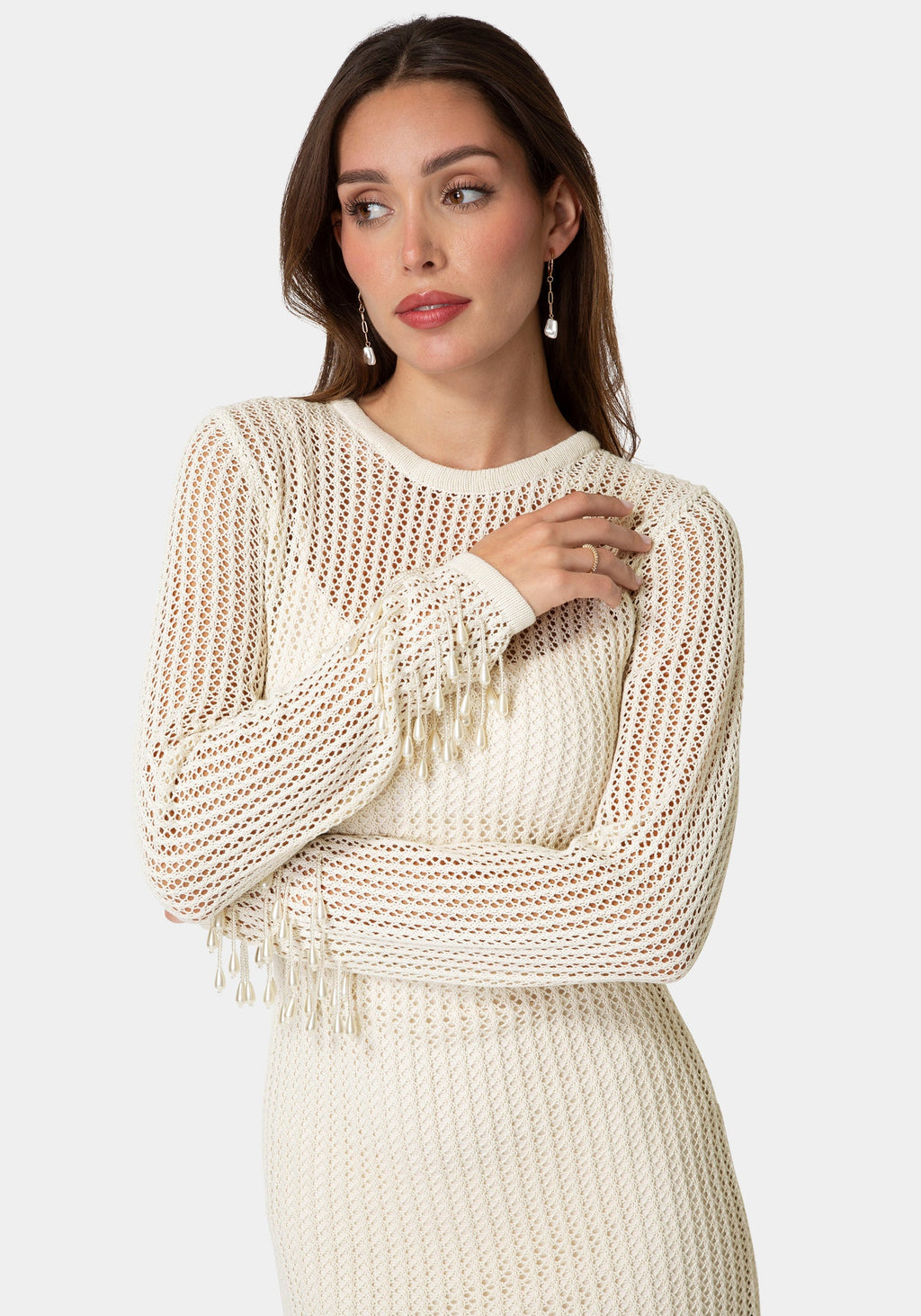 Pearl Embellished Crochet Mini Dress