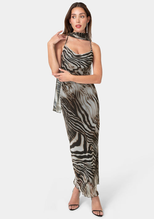 Printed Chiffon Cowl Maxi Dress