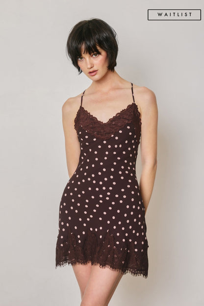 Waitlist 8/25 • Indigo Sleeveless Lace And Polka Dot Print Mini Dress Brown
