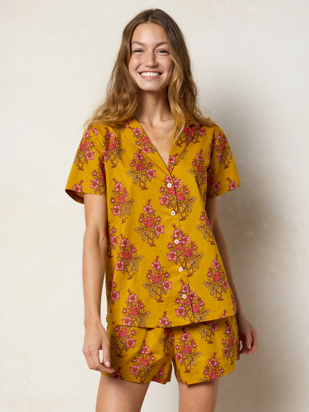 Mix & Match Cotton Pajama Shorts - Garden Block Stamp Gold