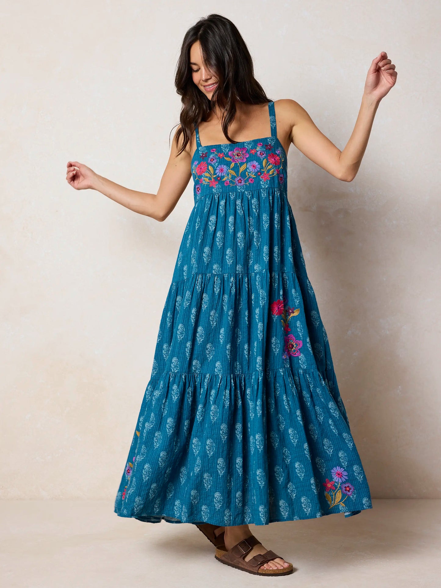 Patricia Embroidered Maxi Dress - Block Stamp Indigo