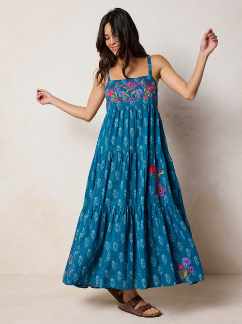 Patricia Embroidered Maxi Dress - Block Stamp Indigo