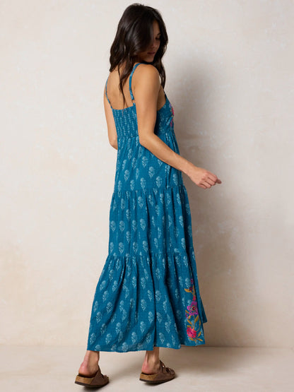 Patricia Embroidered Maxi Dress - Block Stamp Indigo