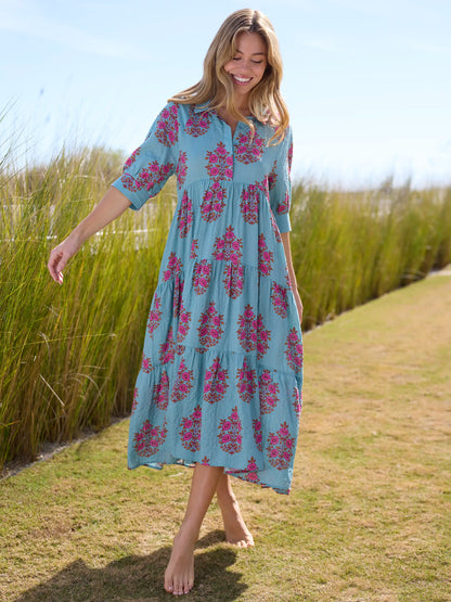 Rebecca Midi Dress - Teal Wildflower Medallion
