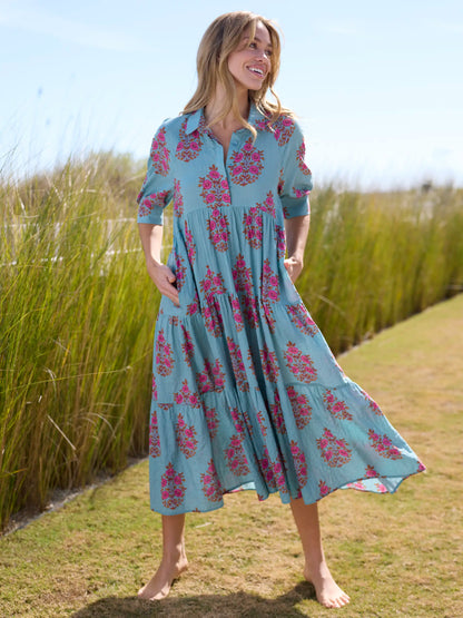 Rebecca Midi Dress - Teal Wildflower Medallion