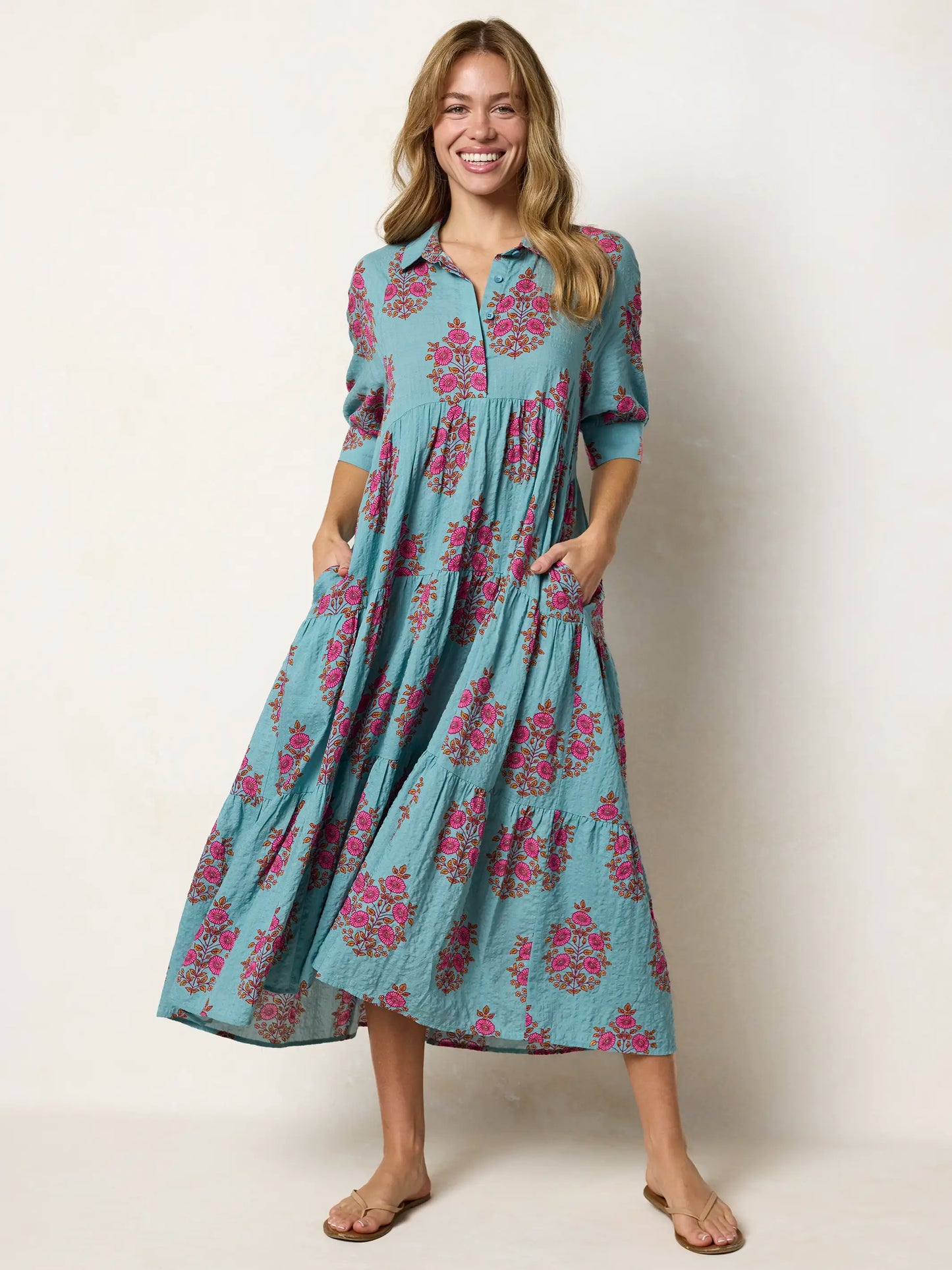Rebecca Midi Dress - Teal Wildflower Medallion