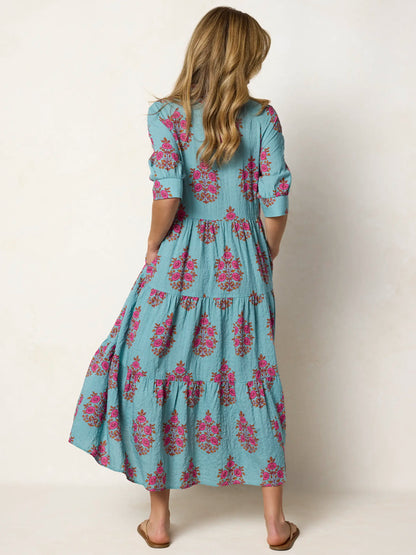 Rebecca Midi Dress - Teal Wildflower Medallion
