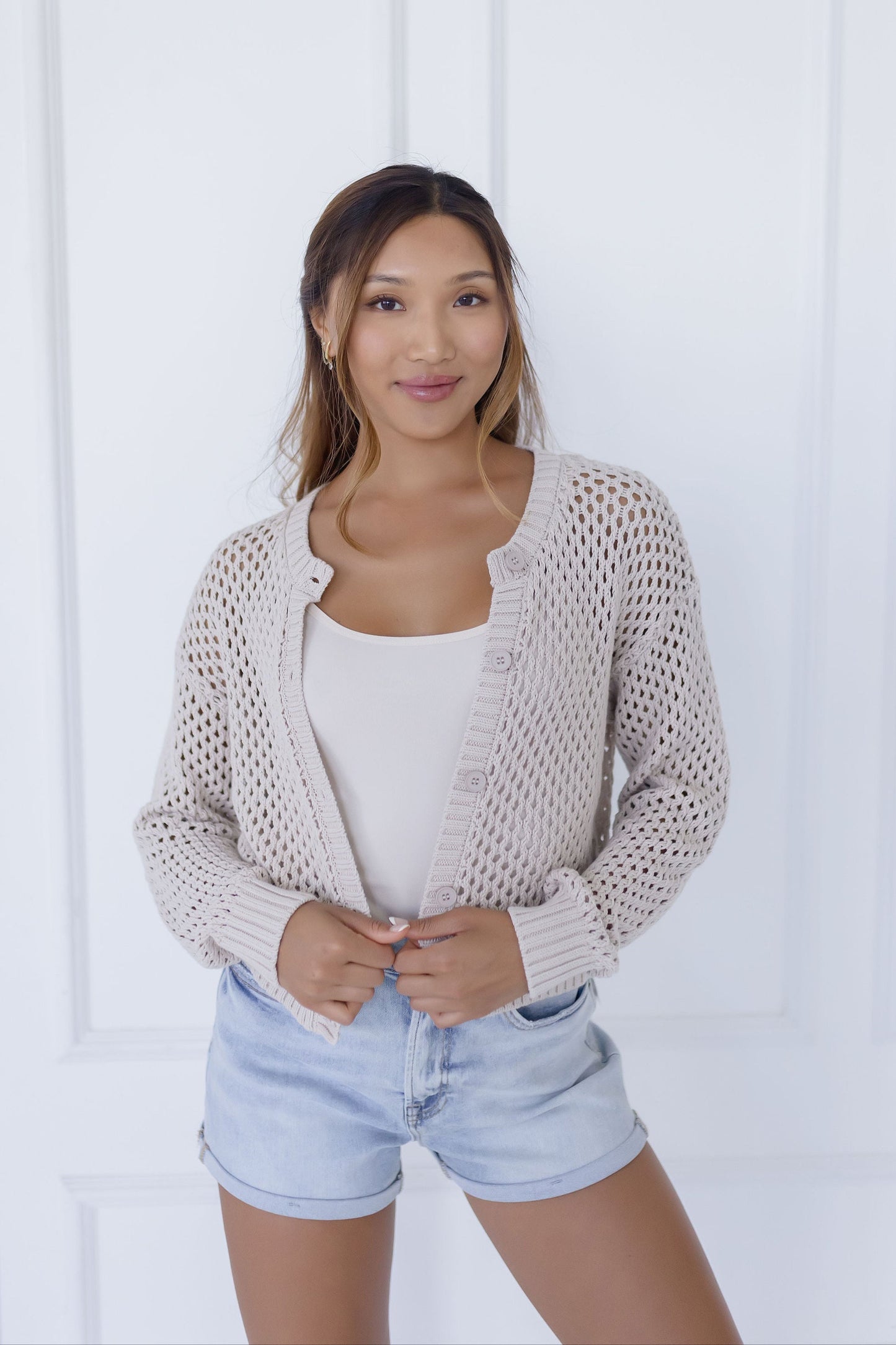 Laverne Long Sleeve Button Down Crochet Cardigan Beige