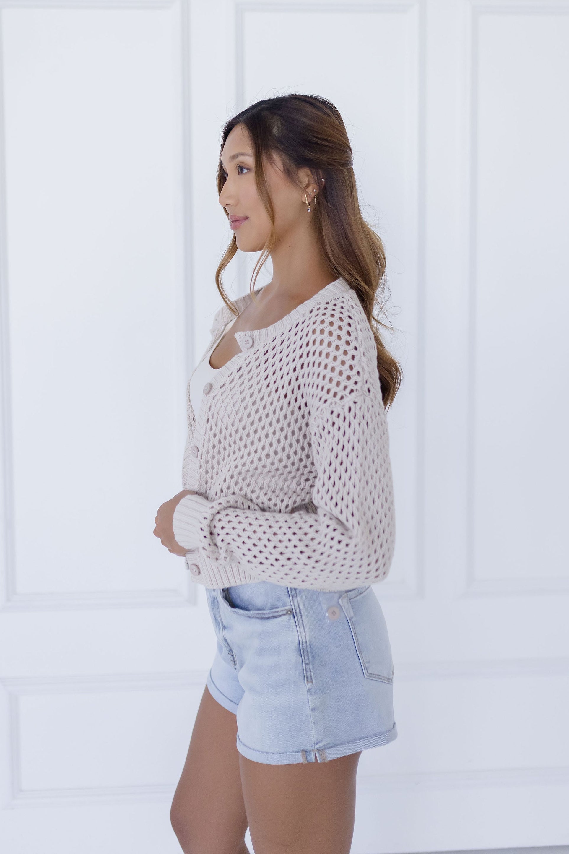Laverne Long Sleeve Button Down Crochet Cardigan Beige