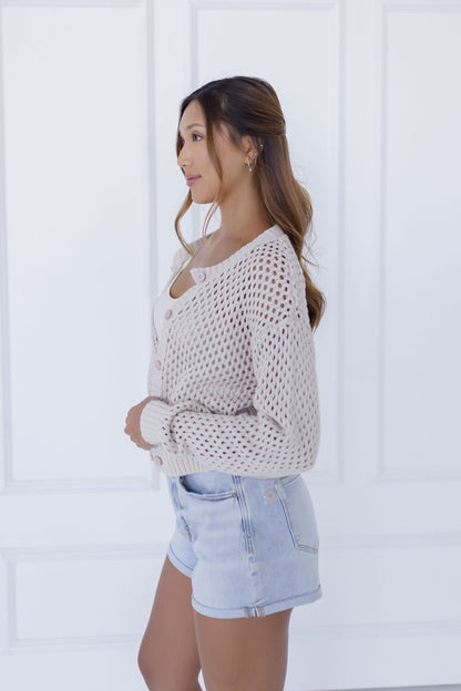 Laverne Long Sleeve Button Down Crochet Cardigan Beige