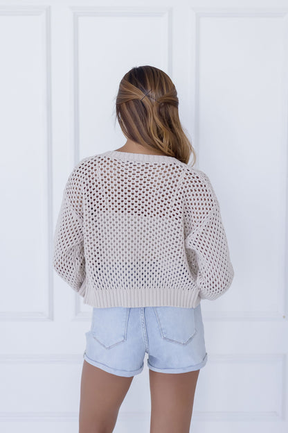 Laverne Long Sleeve Button Down Crochet Cardigan Beige